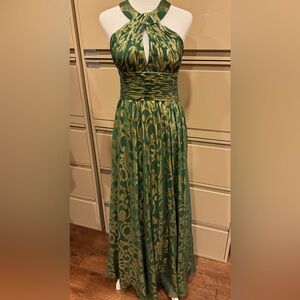 Aidan Mattox - Olive Green & Gold Metallic Silk Long Halter Neck Dress : Size: M